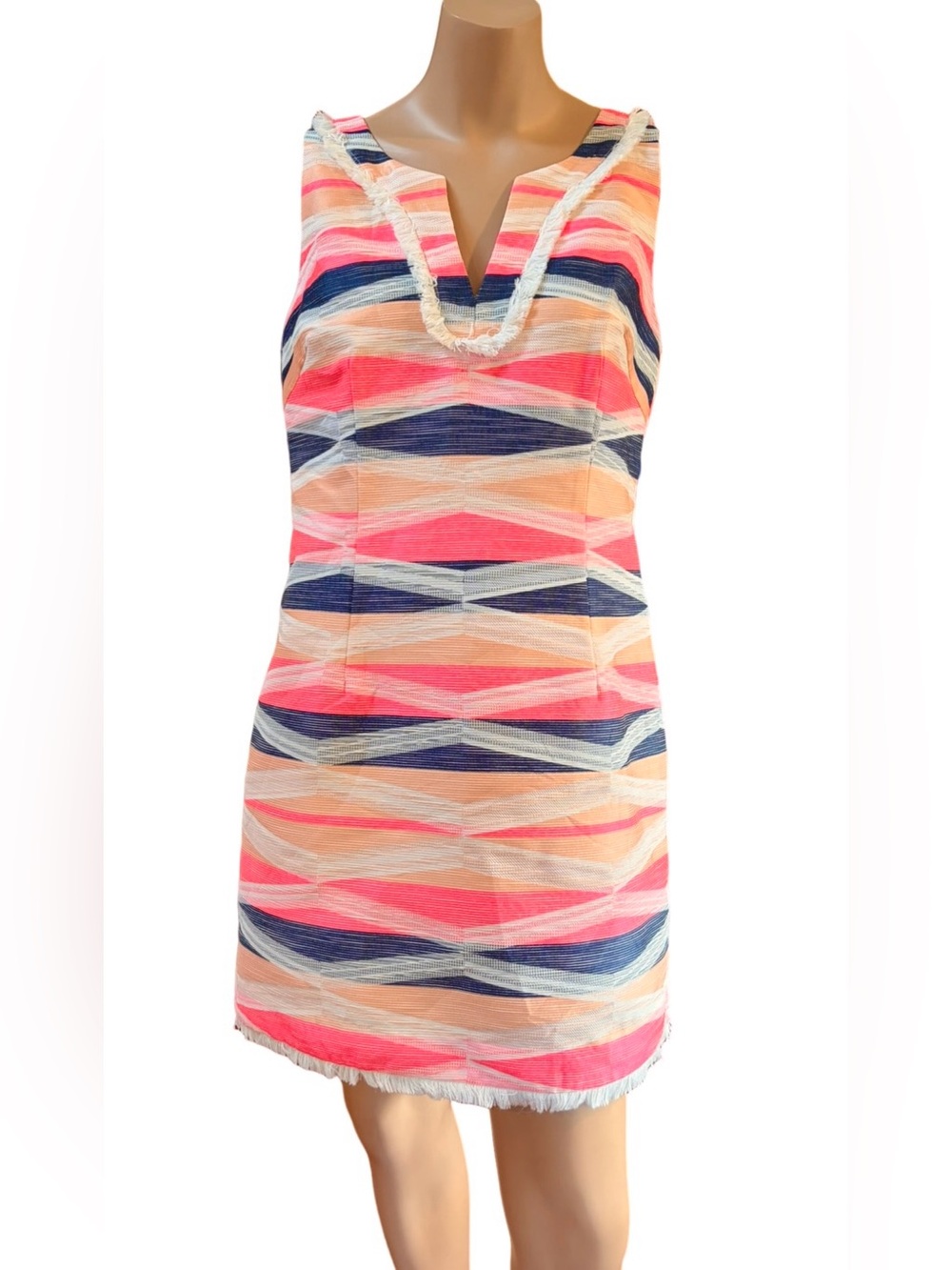 Trina Turk Macee Fringe Striped Shift Dress Coral, Navy & Cream Size 12 NWOT